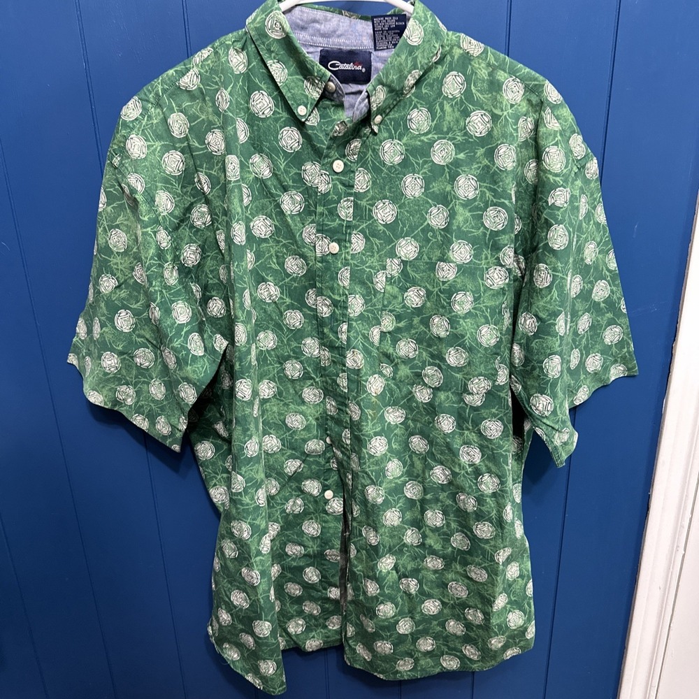 Catalina Mens L Shirt Button Up Short Sleeves Green White Print Front Pocket